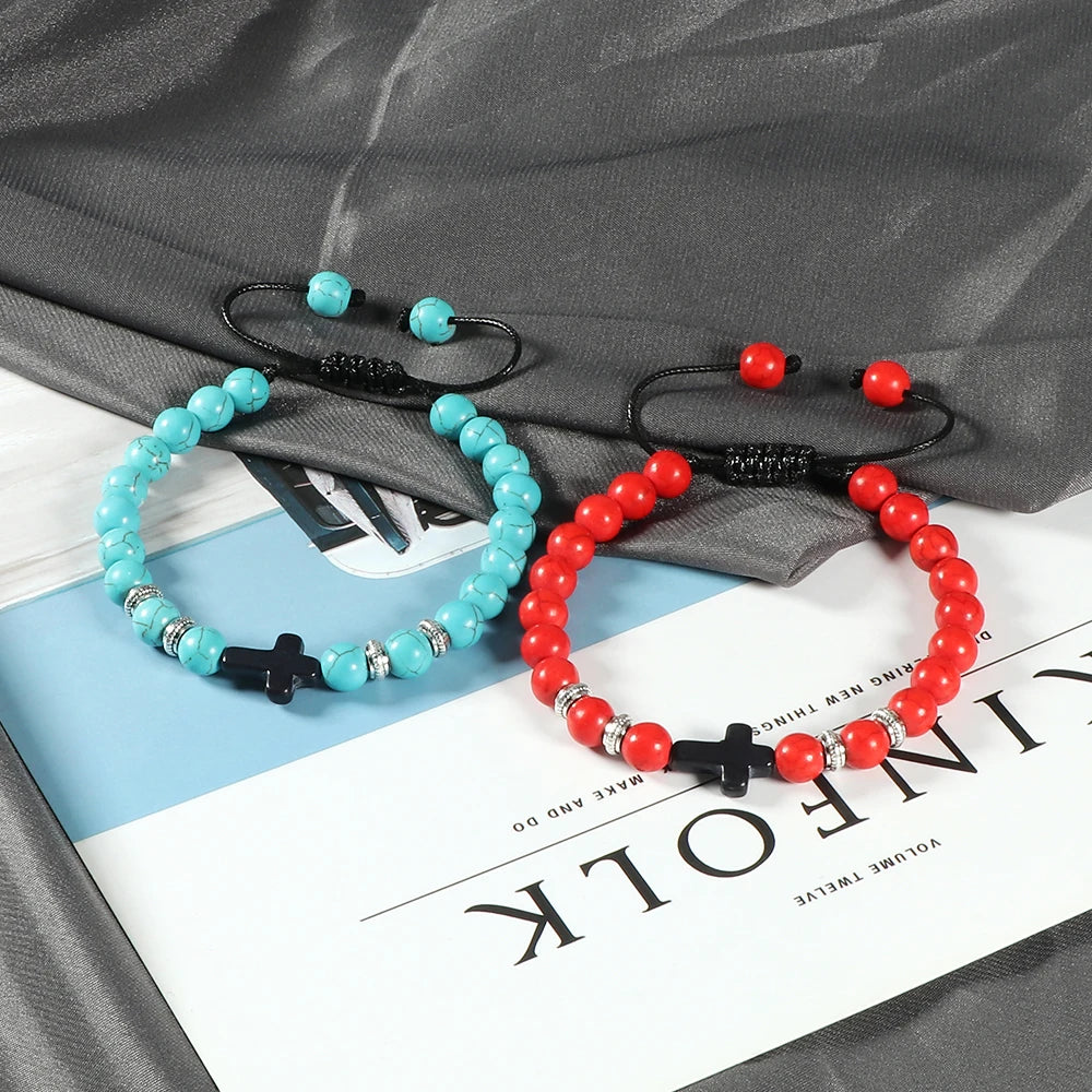 Handmade Natural Stone Wooden Beaded Cross Christian Bracelets
