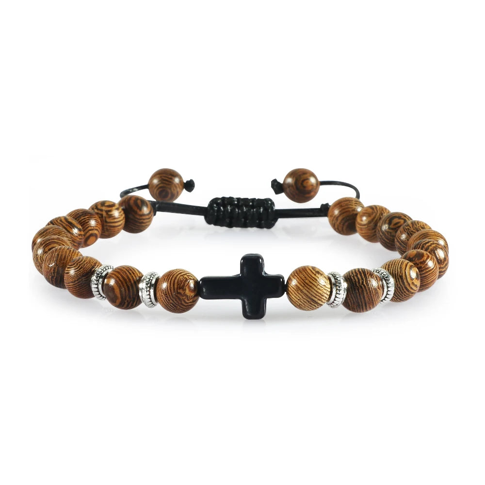 Handmade Natural Stone Wooden Beaded Cross Christian Bracelets