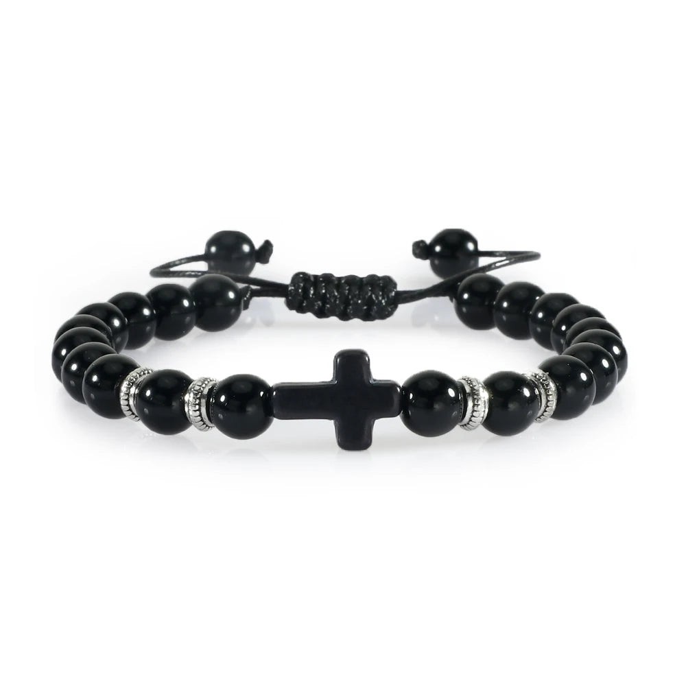 Handmade Natural Stone Wooden Beaded Cross Christian Bracelets
