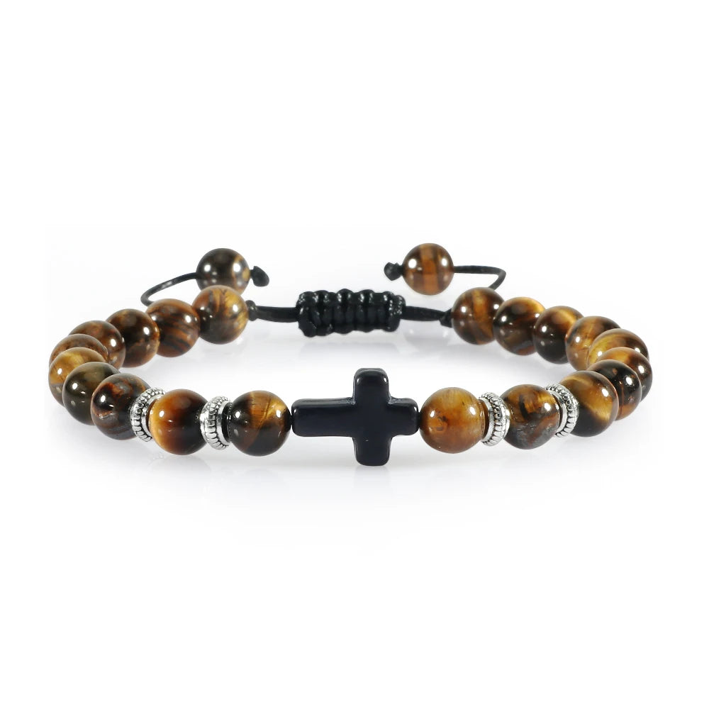 Handmade Natural Stone Wooden Beaded Cross Christian Bracelets