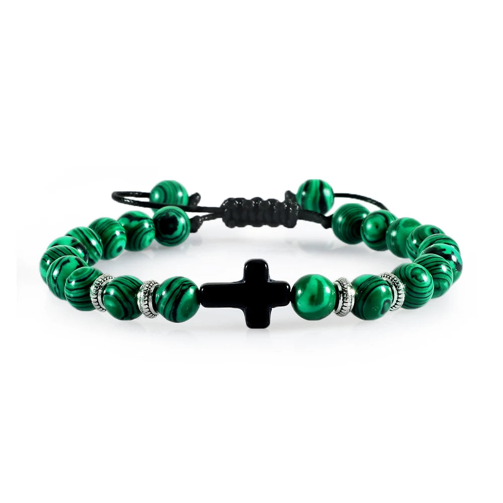 Handmade Natural Stone Wooden Beaded Cross Christian Bracelets