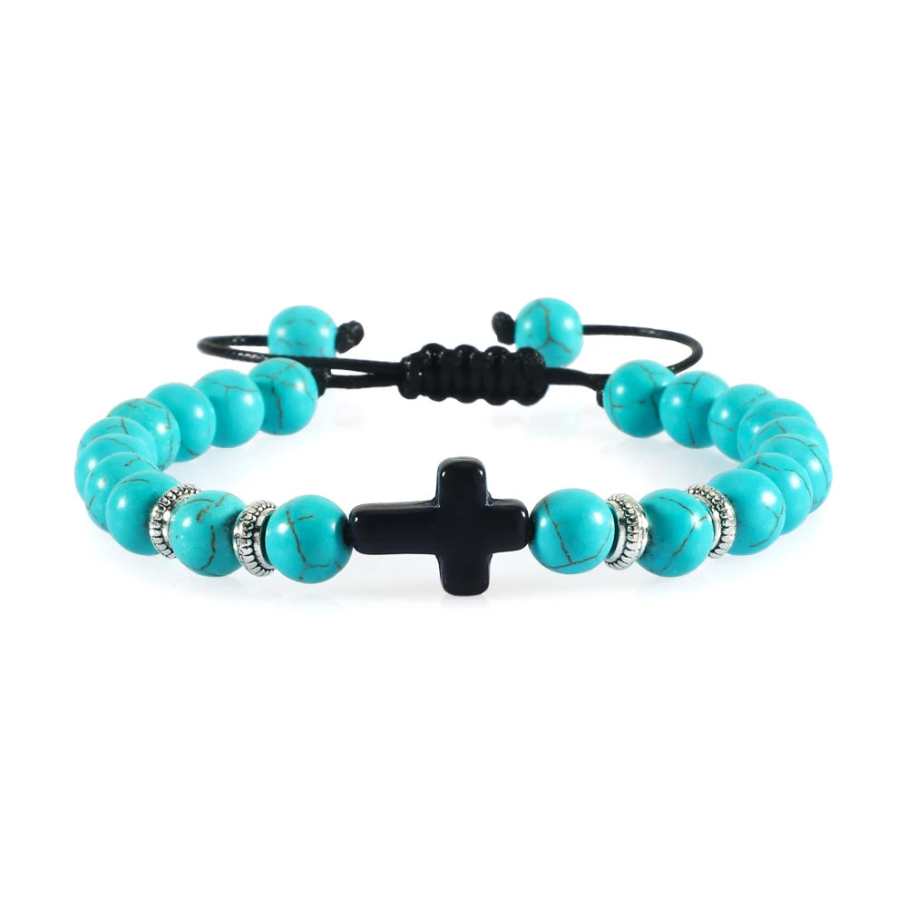 Handmade Natural Stone Wooden Beaded Cross Christian Bracelets