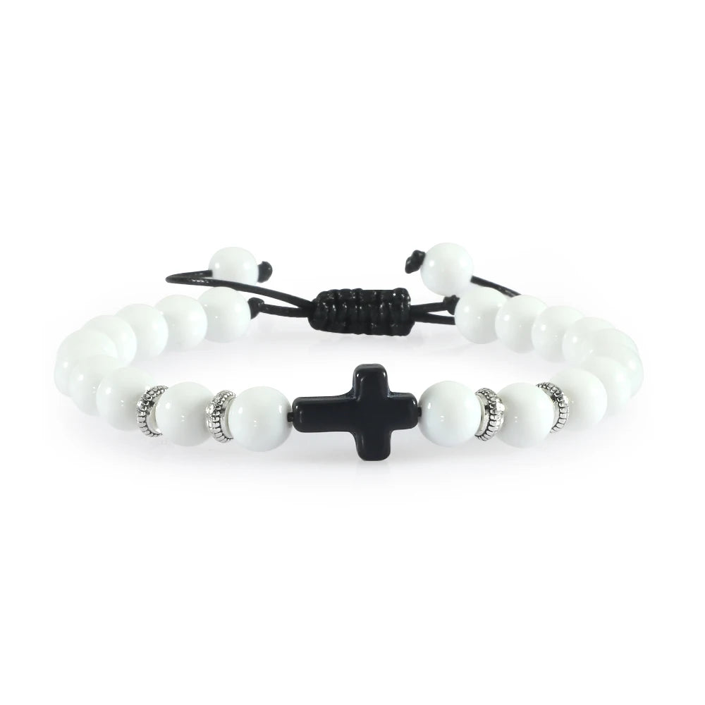 Handmade Natural Stone Wooden Beaded Cross Christian Bracelets