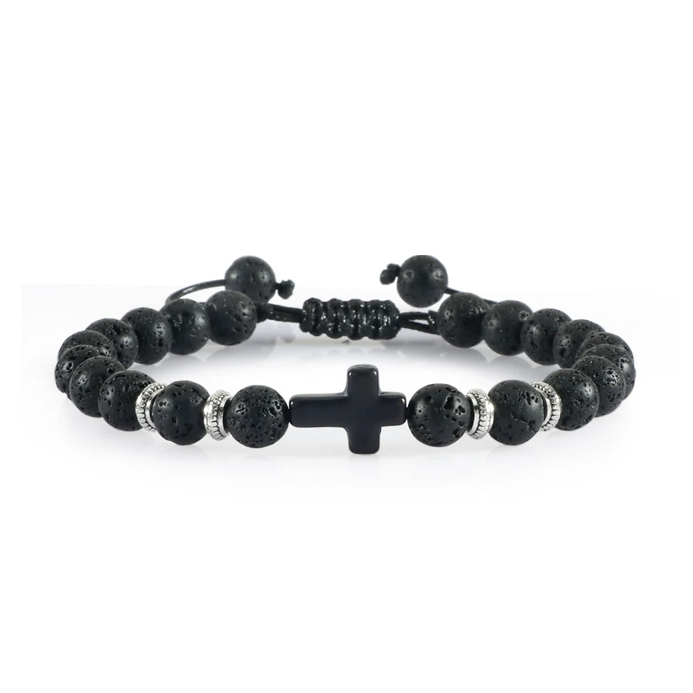 Handmade Natural Stone Wooden Beaded Cross Christian Bracelets
