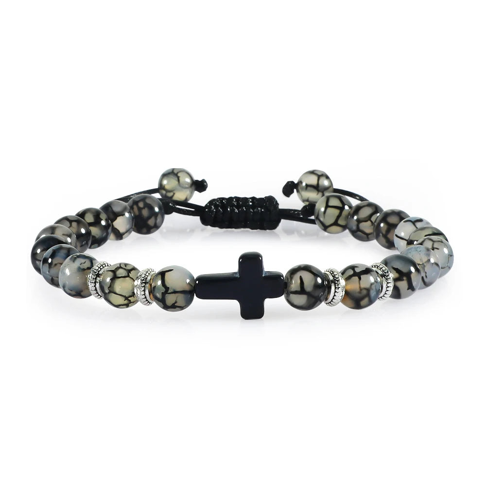 Handmade Natural Stone Wooden Beaded Cross Christian Bracelets