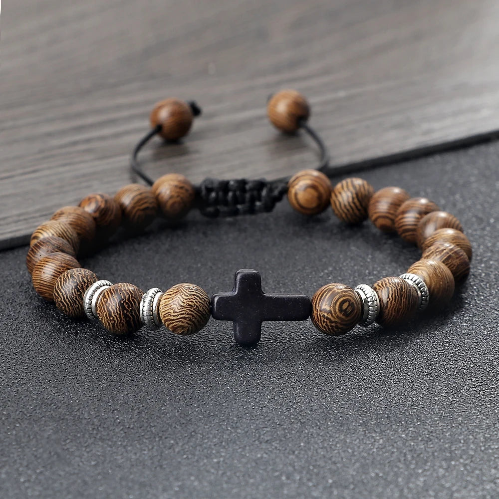 Handmade Natural Stone Wooden Beaded Cross Christian Bracelets