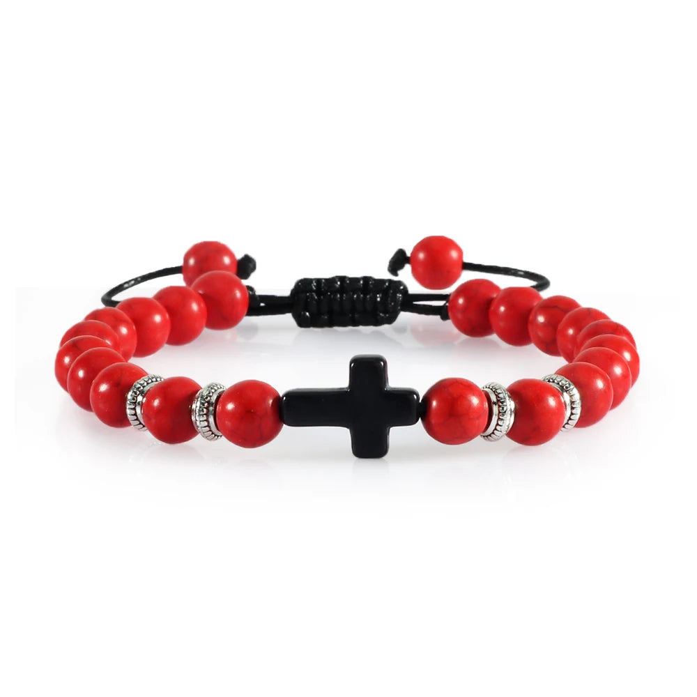 Handmade Natural Stone Wooden Beaded Cross Christian Bracelets