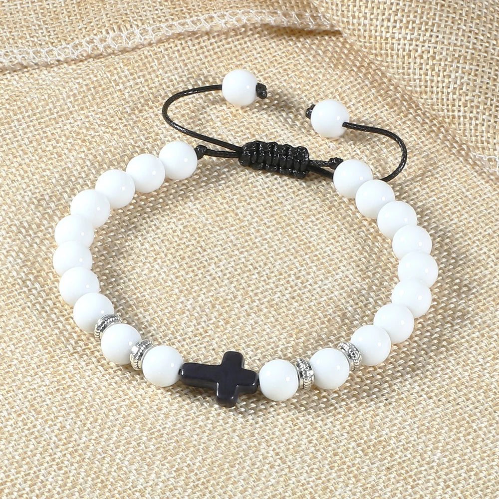 Handmade Natural Stone Wooden Beaded Cross Christian Bracelets