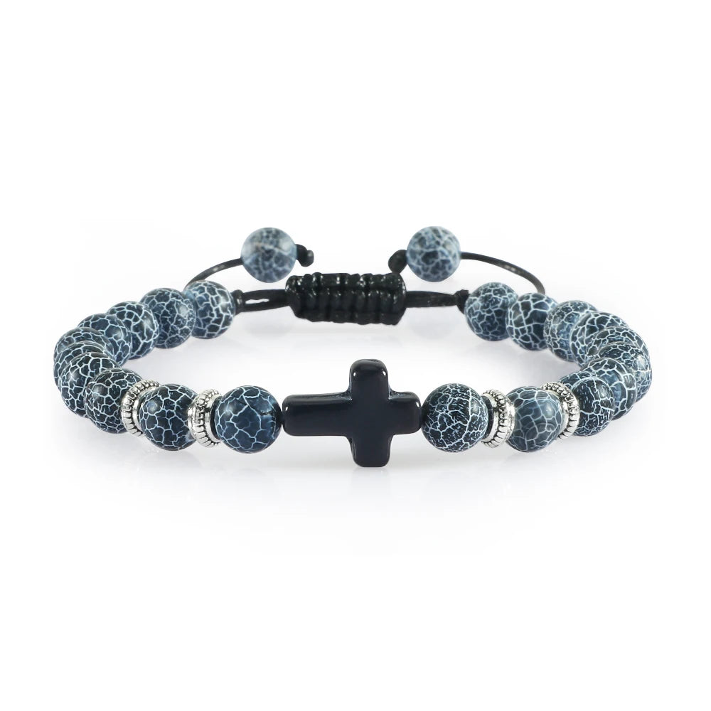 Handmade Natural Stone Wooden Beaded Cross Christian Bracelets