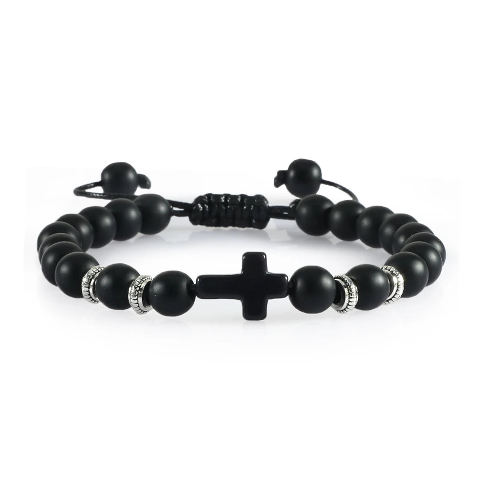 Handmade Natural Stone Wooden Beaded Cross Christian Bracelets